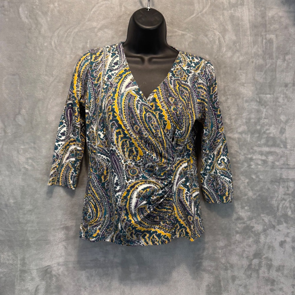 Talbots Petites Paisley Faux Wrap Top SP Yellow Purple 3/4 Sleeve V-Neck Cotton